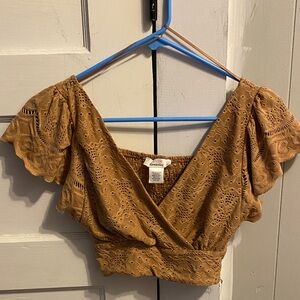 Love Tree Camel Eyelet Wrap Crop Top